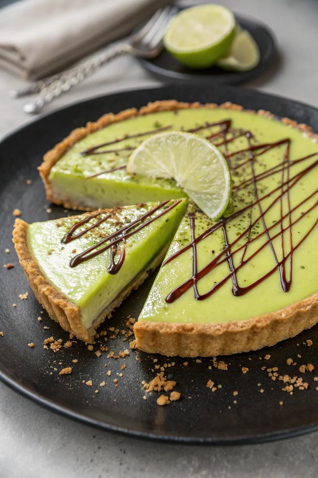 A chocolate drizzle adds a fancy twist to the pie.