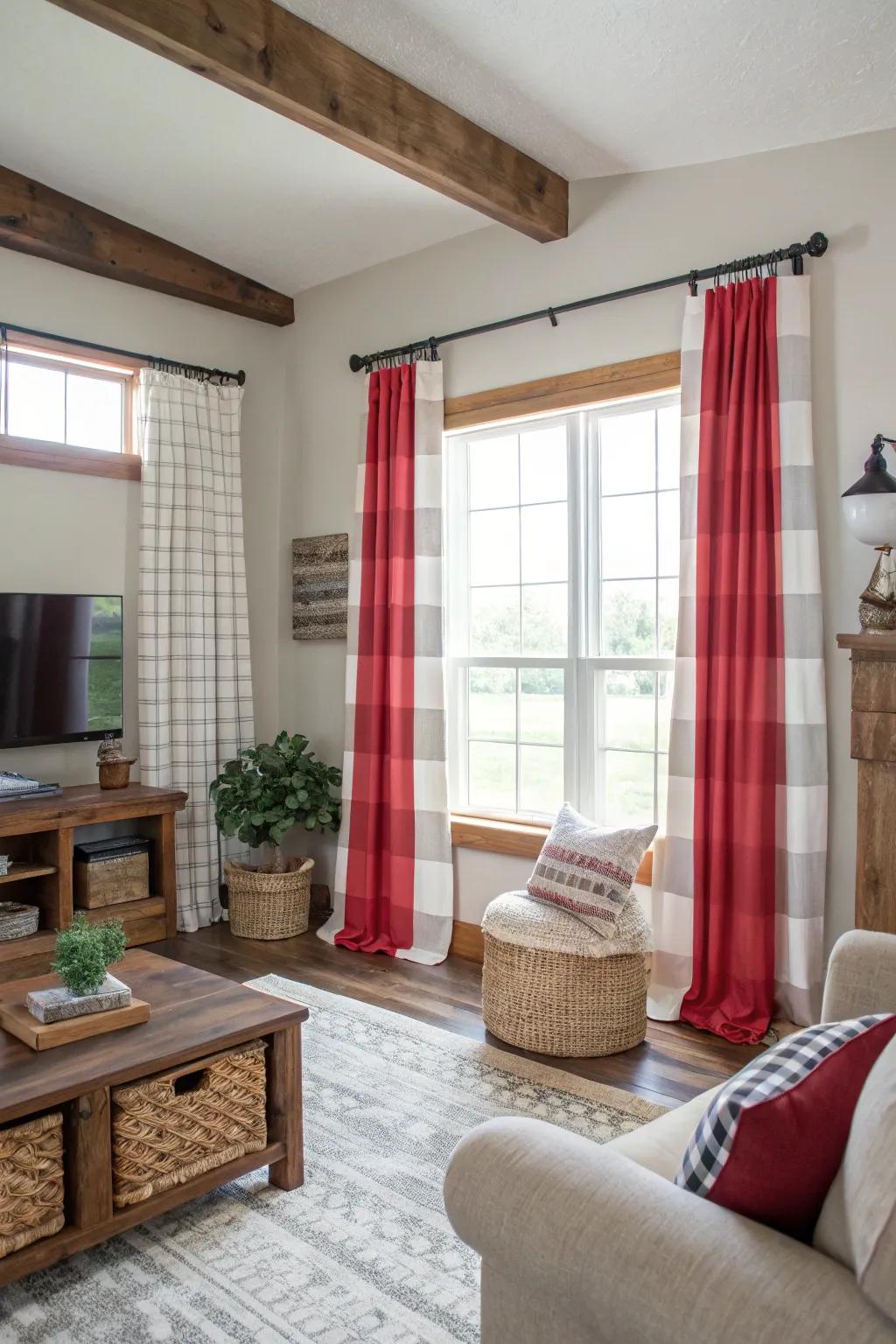 Bold accent coverings appending a modern twist to a countryside sitting room.