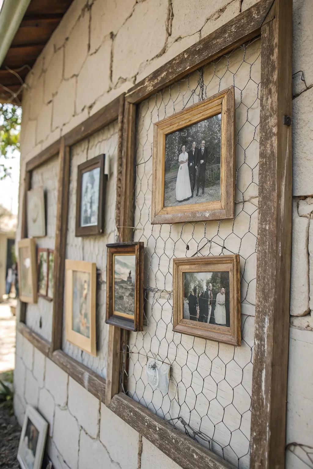 Rustic photo displays infusing personal warmth to the decor.
