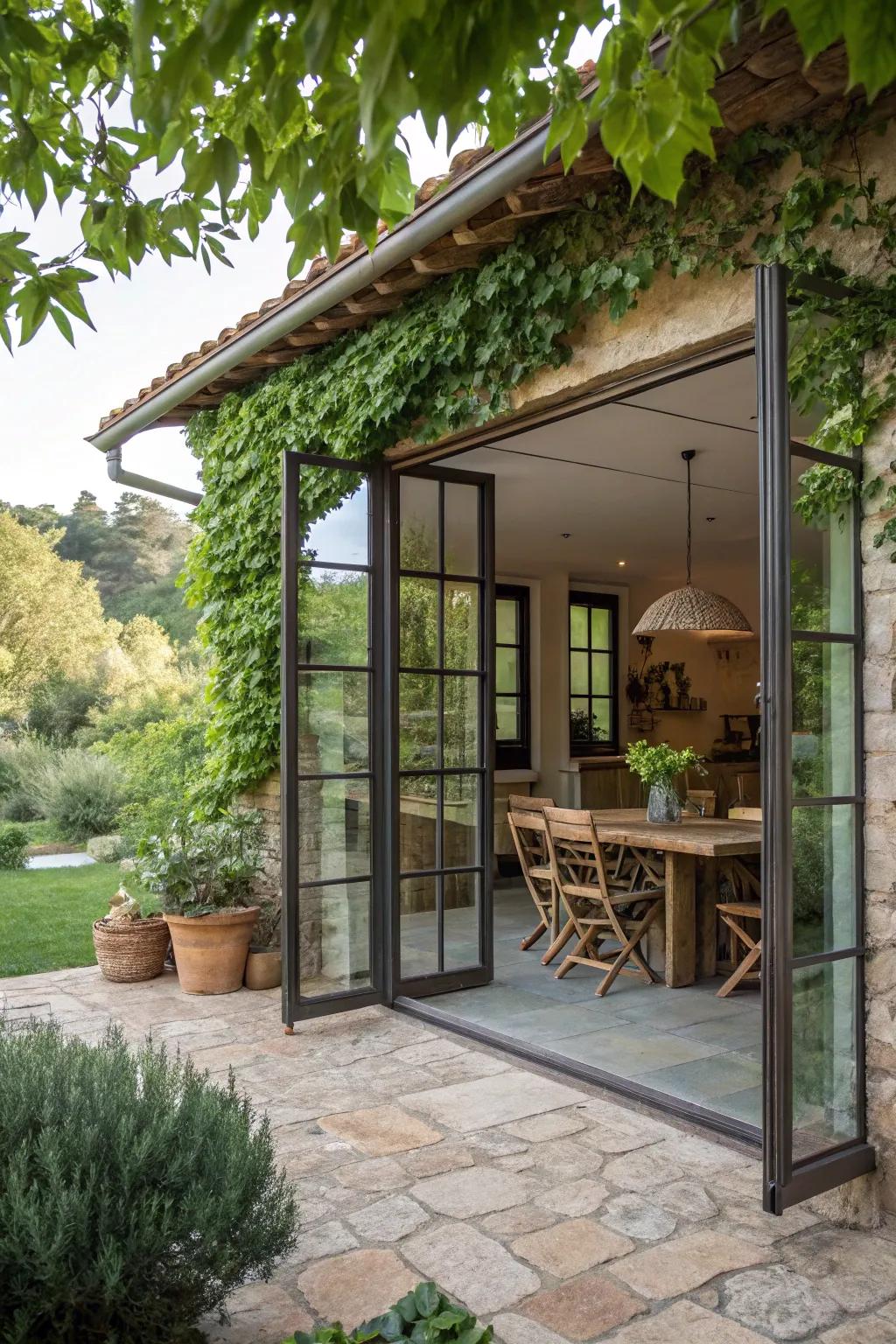 Glass doors fashion a fluid transition between indoor and outdoor spaces.