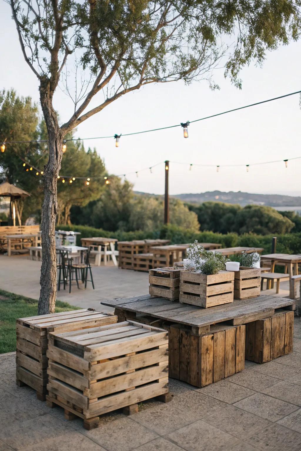 Host a rustic outdoor gathering with box furnishings.