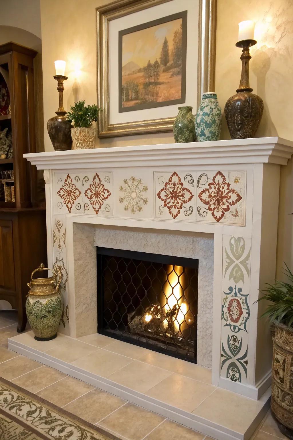 An artificial fireplace exhibiting an artistic design stenciled around the firebox.