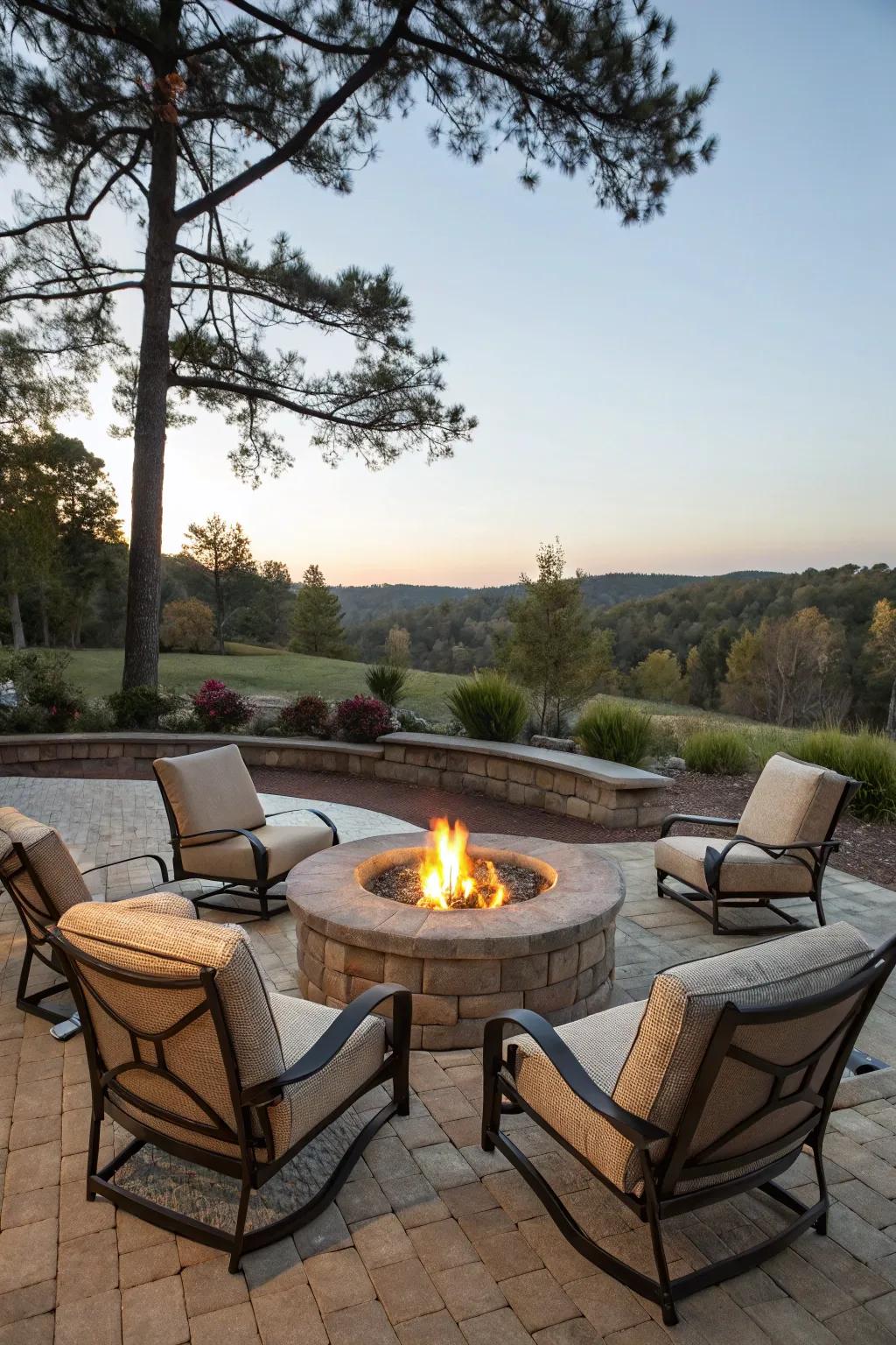 Spin seats provide adaptable and engaging seating around the fire pit.