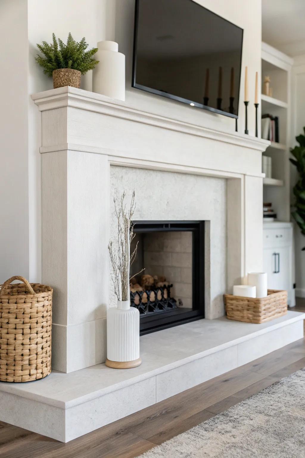 A minimalist strategy emphasizes the simplicity and elegance of the fireplace.