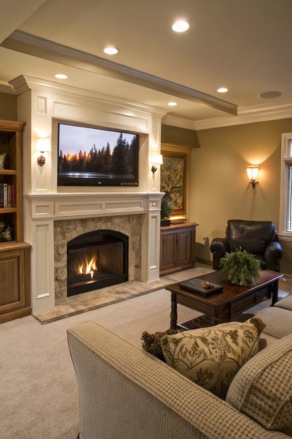 A recessed TV alcove over a fireplace for seamless integration.