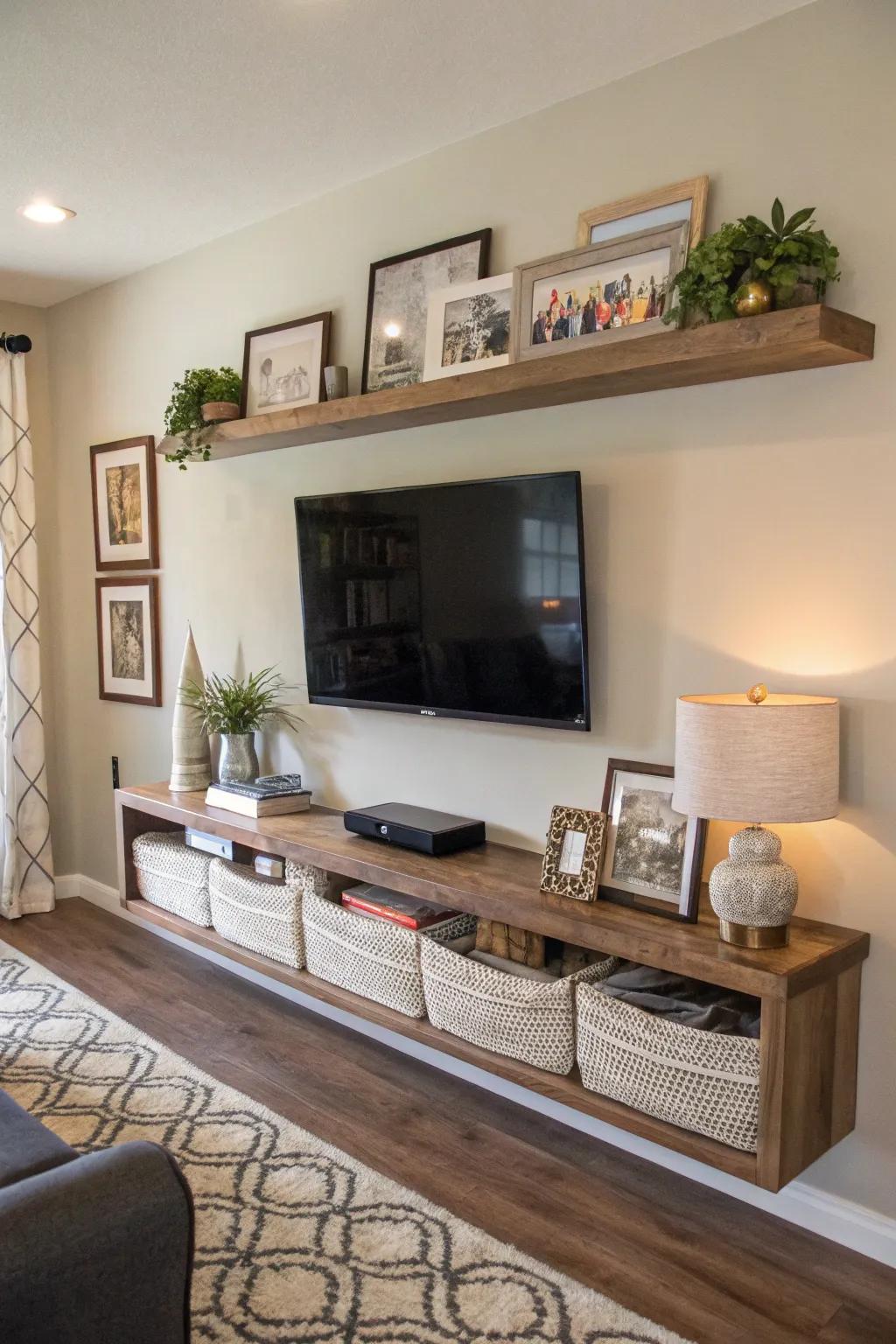 Render your space uniquely yours with personalized décor on a drifting ledge.