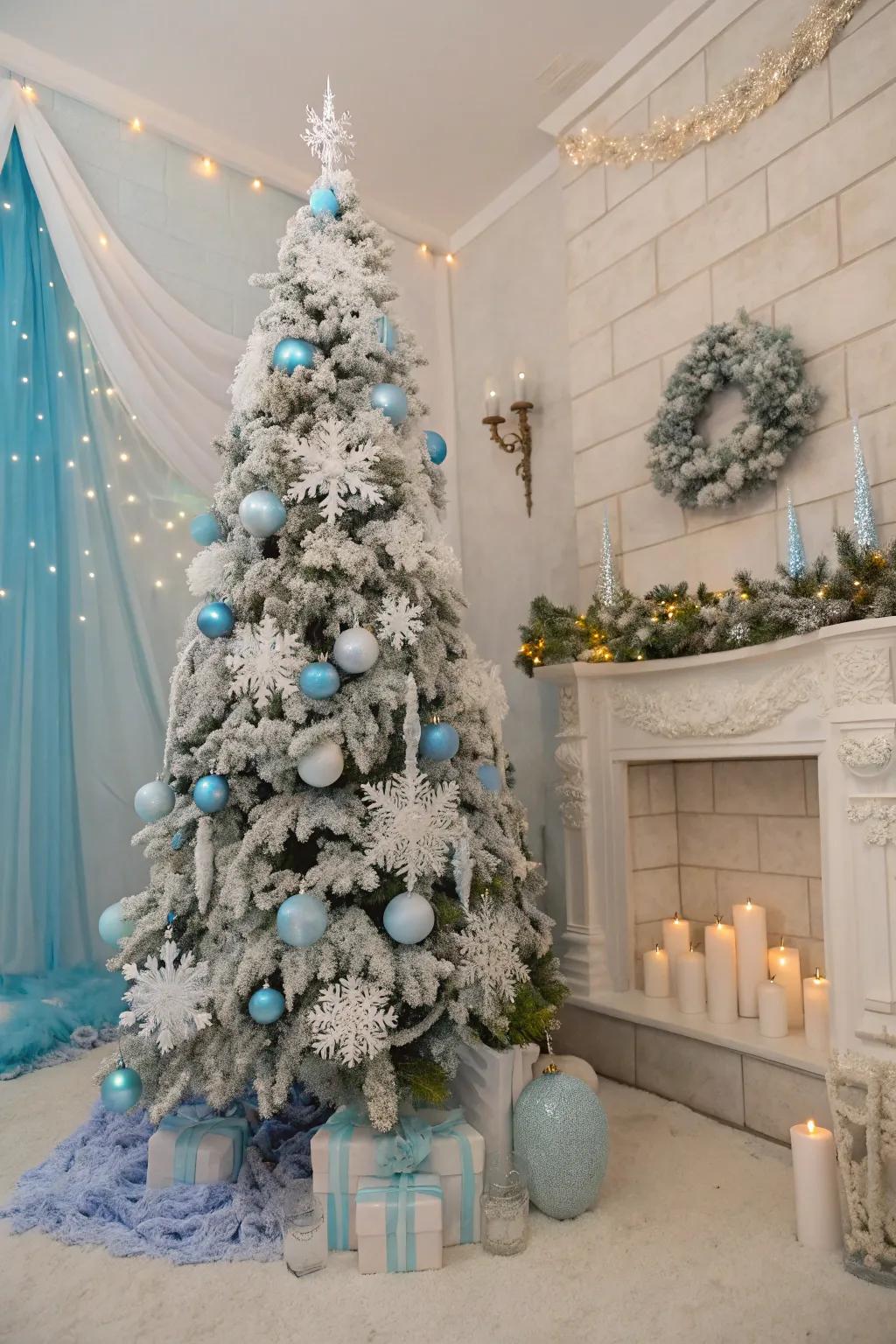 A Glacial fantasy-themed flocked Christmas tree.