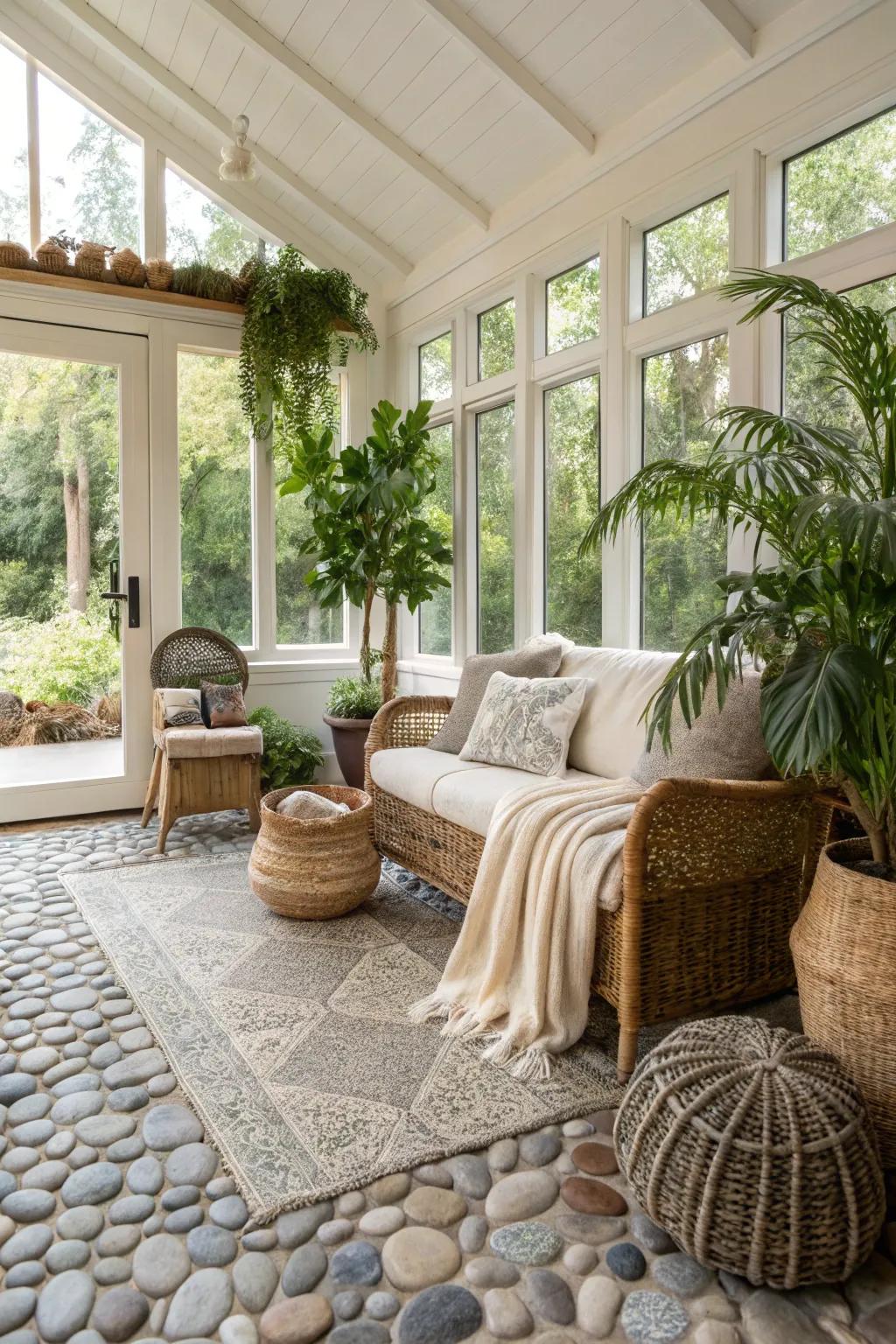 Spa sunroom featuring gravel tile flooring.
