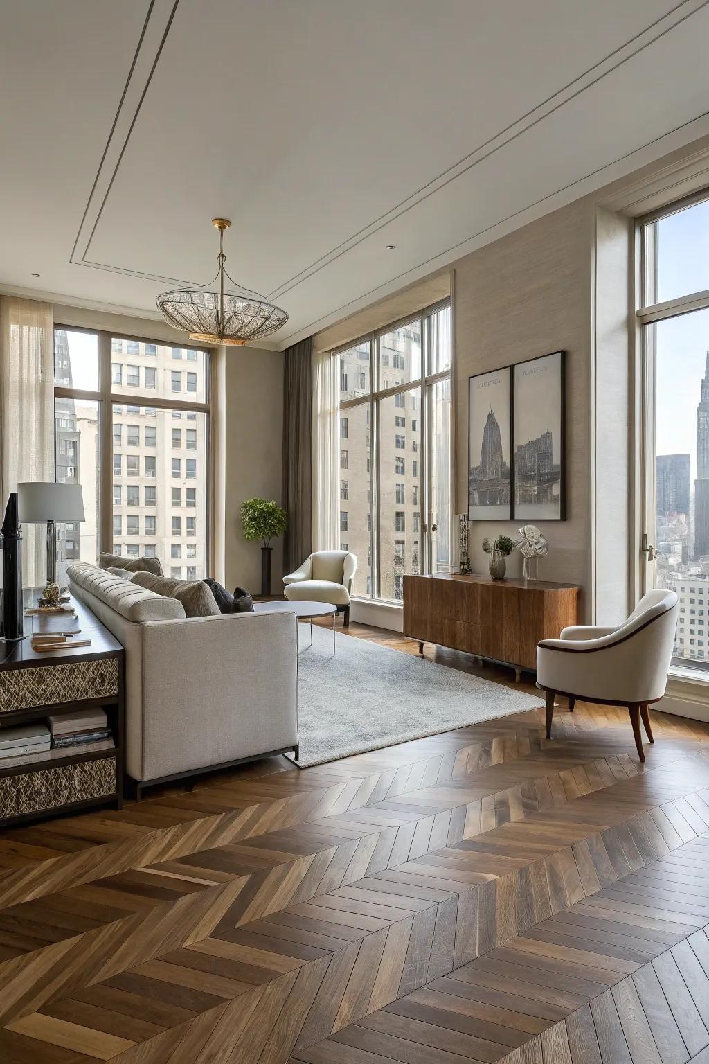 Advanced sophistication embodied through chevron wood floors.