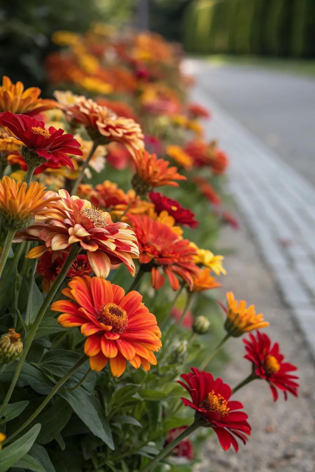 A fervent floral perimeter displaying dynamic flowers in hot colors, such as reds and golds.