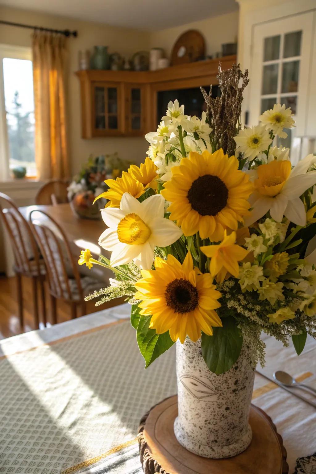 A cheerful arrangement of daisies and narcissuses brightening up a dining room.