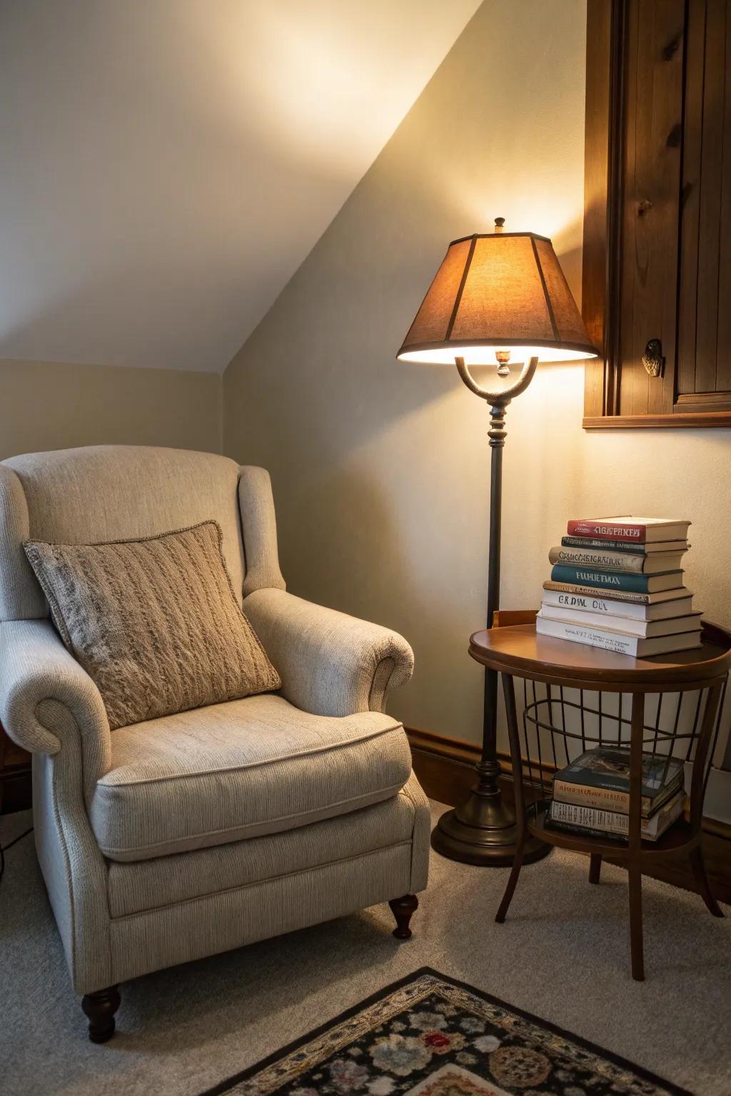 A reading space offers a comfortable, forest-inspired retreat.