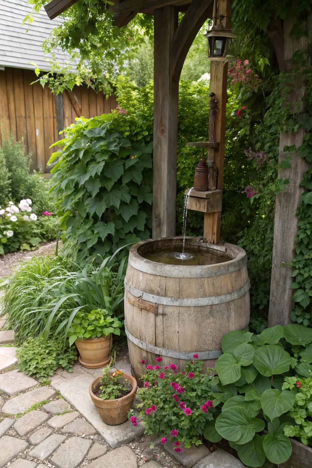 Add rustic charm with a barrel fountain.