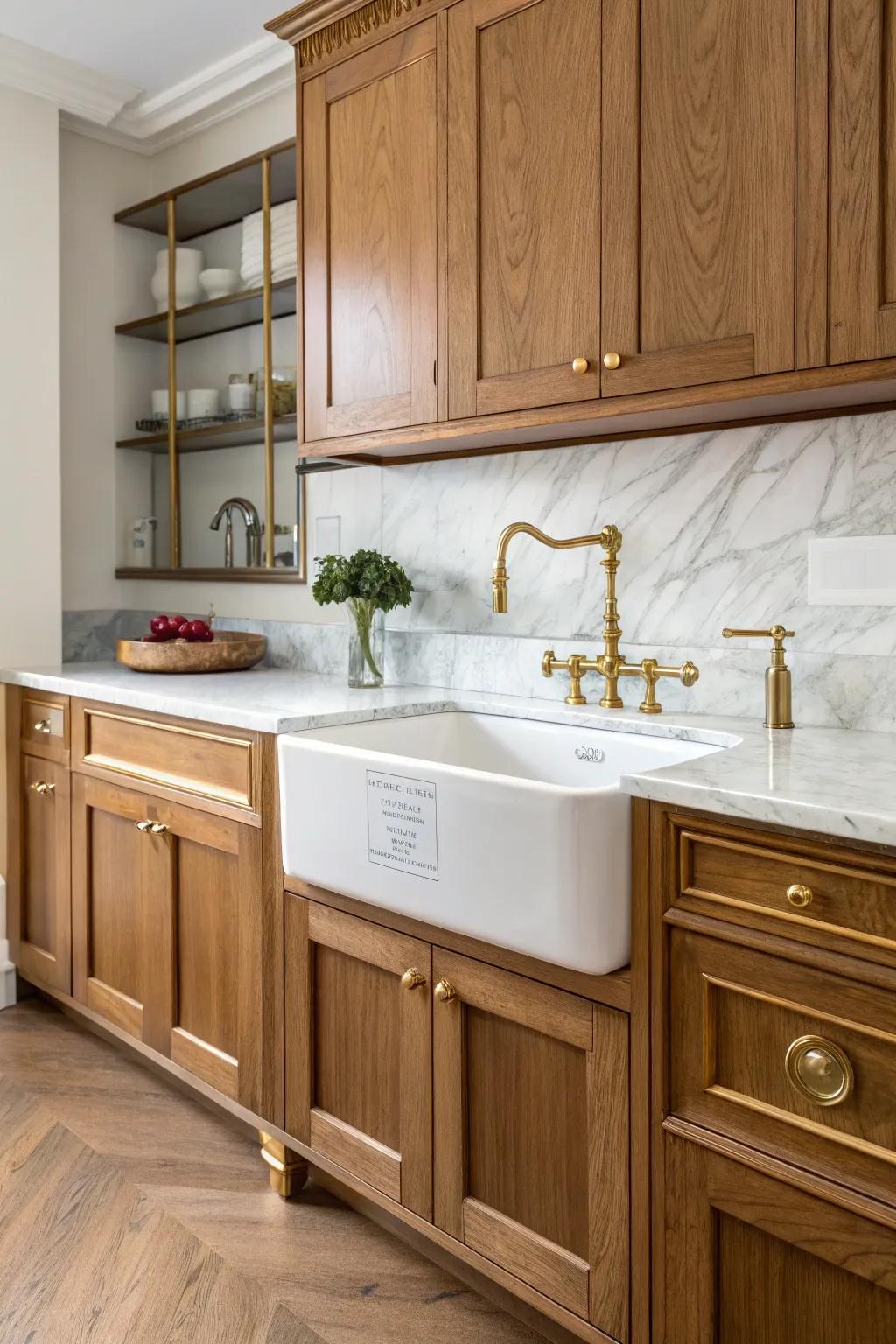 An elegant kitchen area enhanced by brass elements around a independent sink.