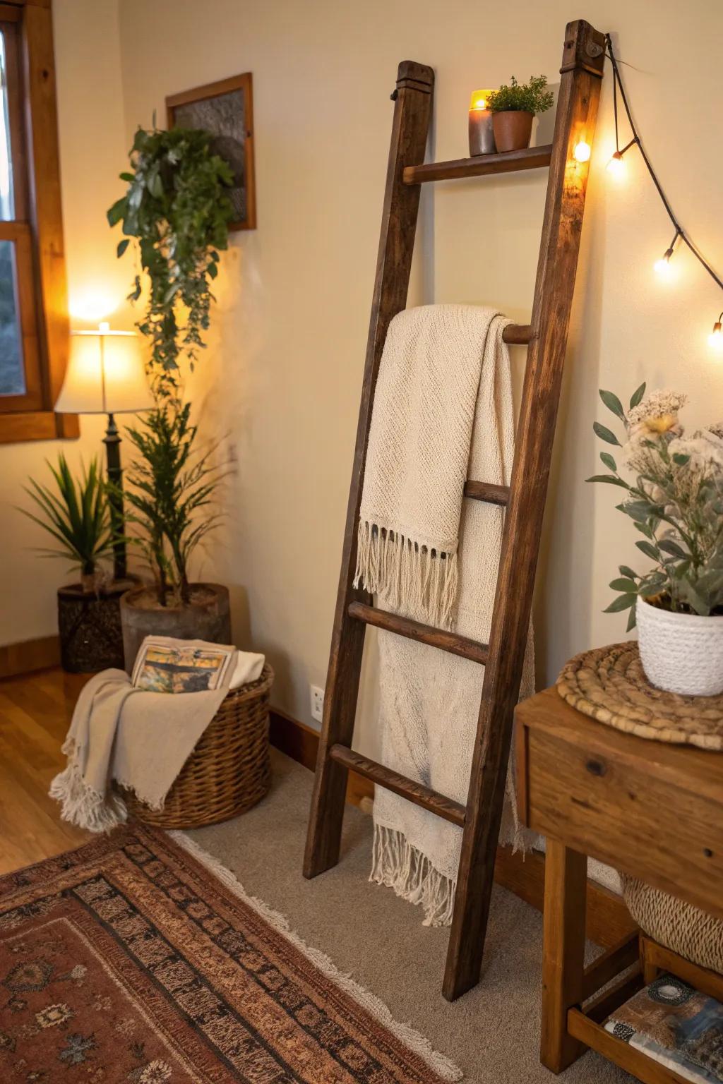 A vintage ladder creatively transformed into an attractive blanket display.
