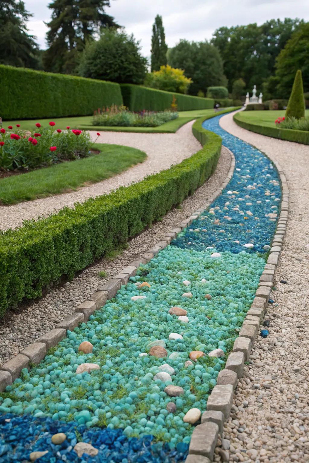 Vibrant crushed stone adding a burst of color to a French drain along a garden walkway.