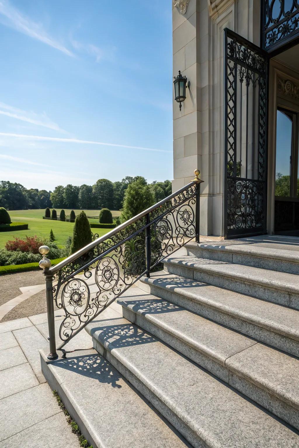 Fancy railings improve granite steps.