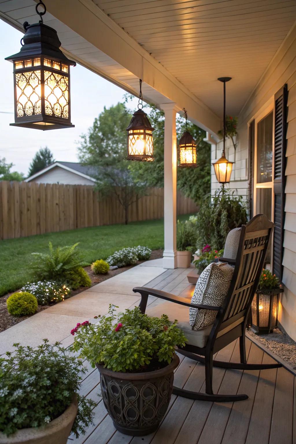 Garden lights furnish ambient lighting and seclusion on an inviting porch.