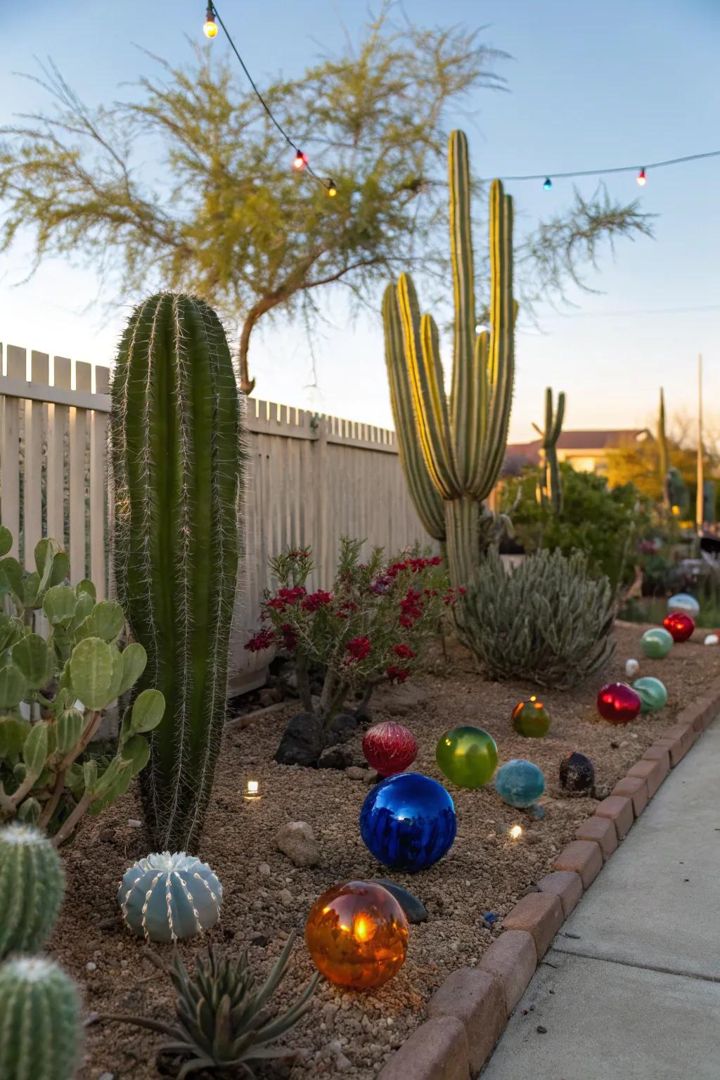 Whimsical glass ornaments among desert plants.