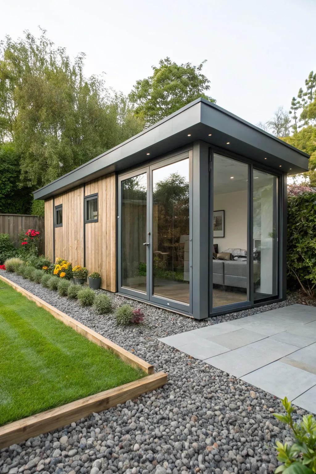 Frame your garden studio with sleek stone fragments for a modern touch.