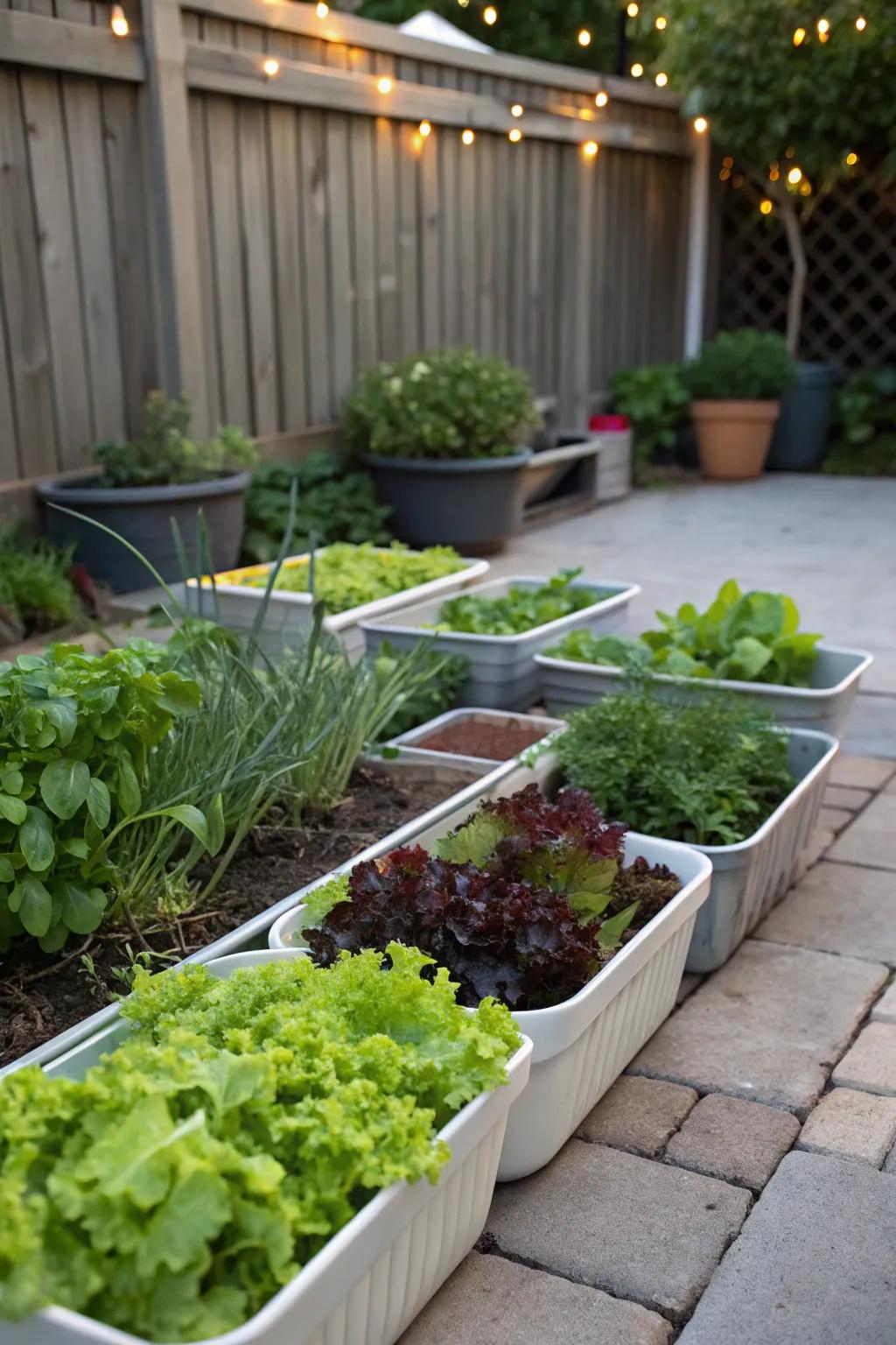 Shallow containers stocked with fresh lettuce and spices.