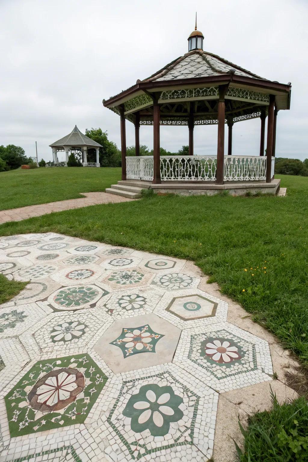Multi-sided tiles offer a geometric twist and artistic flair to outdoor floors.