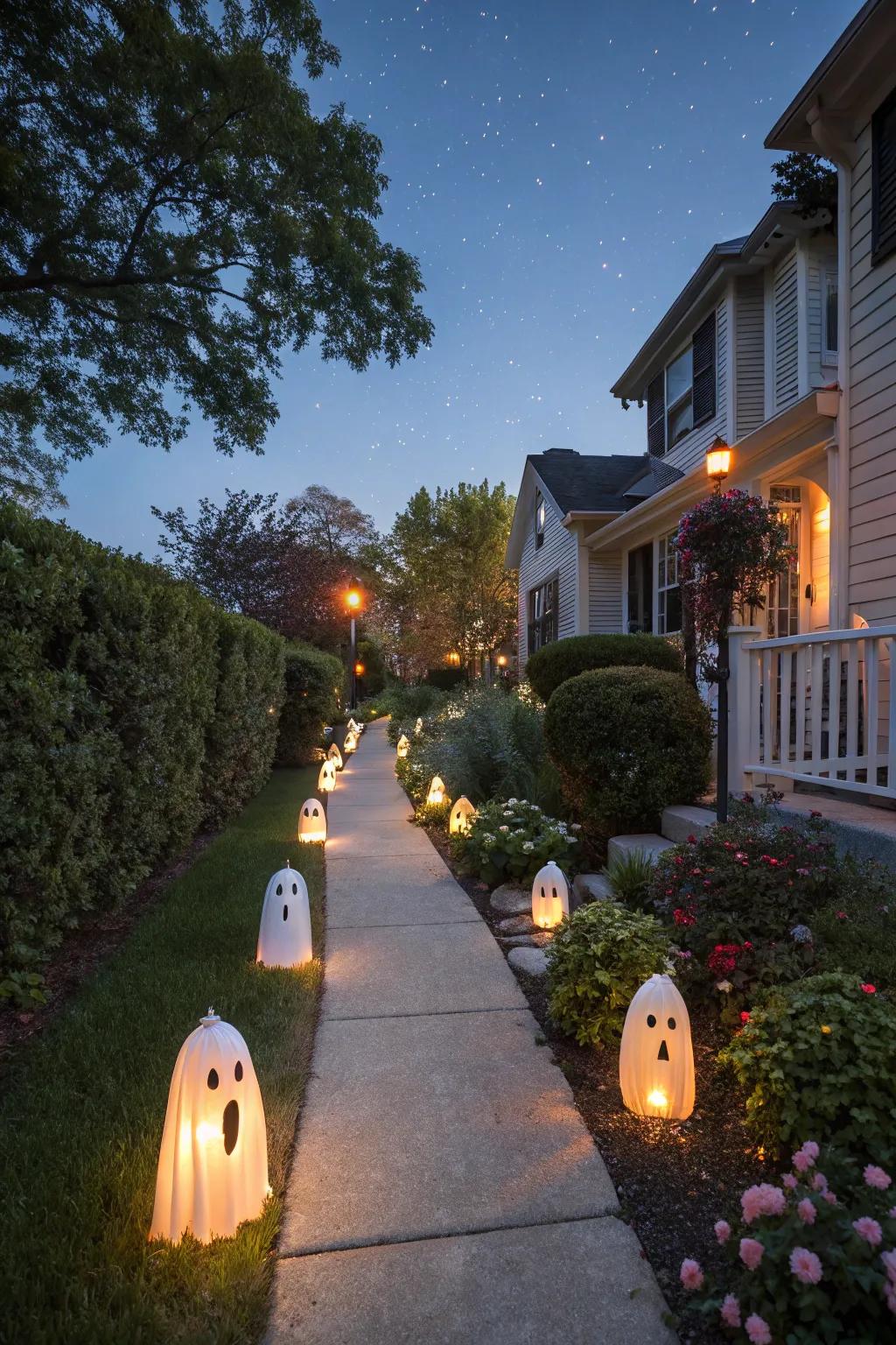 Spectral path illumination creates a welcoming and spooky entrance.