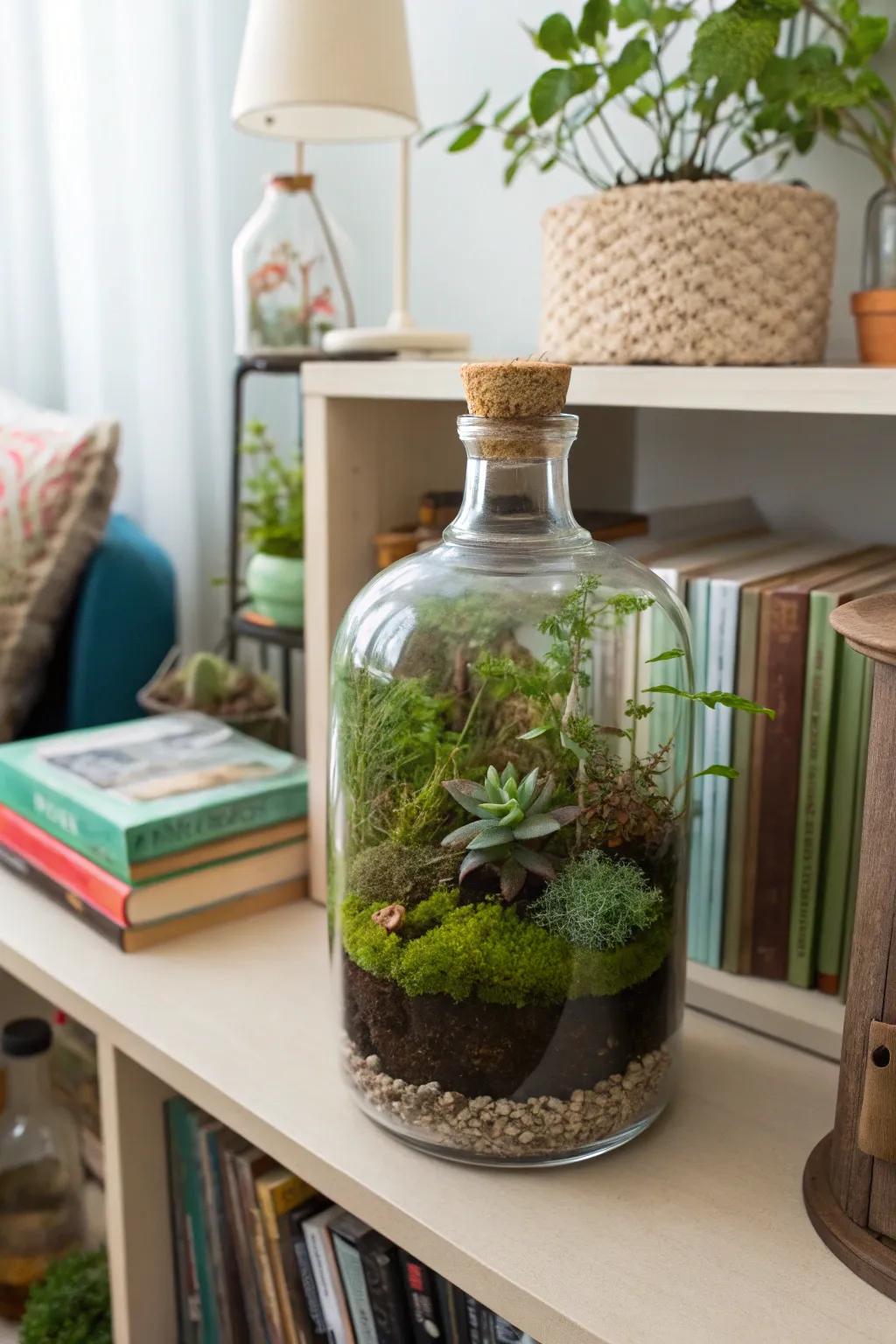 Miniature world terrariums offering a magical appearance within a bottle.
