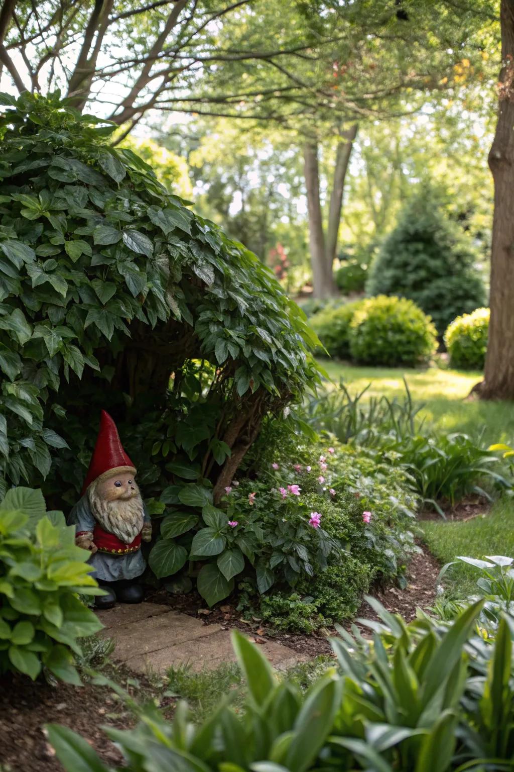 A secretive gnome sanctuary nestled amid abundant foliage.