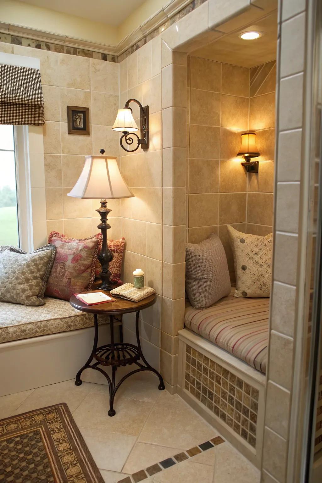 A relaxing corner adds comfort and warmth to the gothic bathroom.