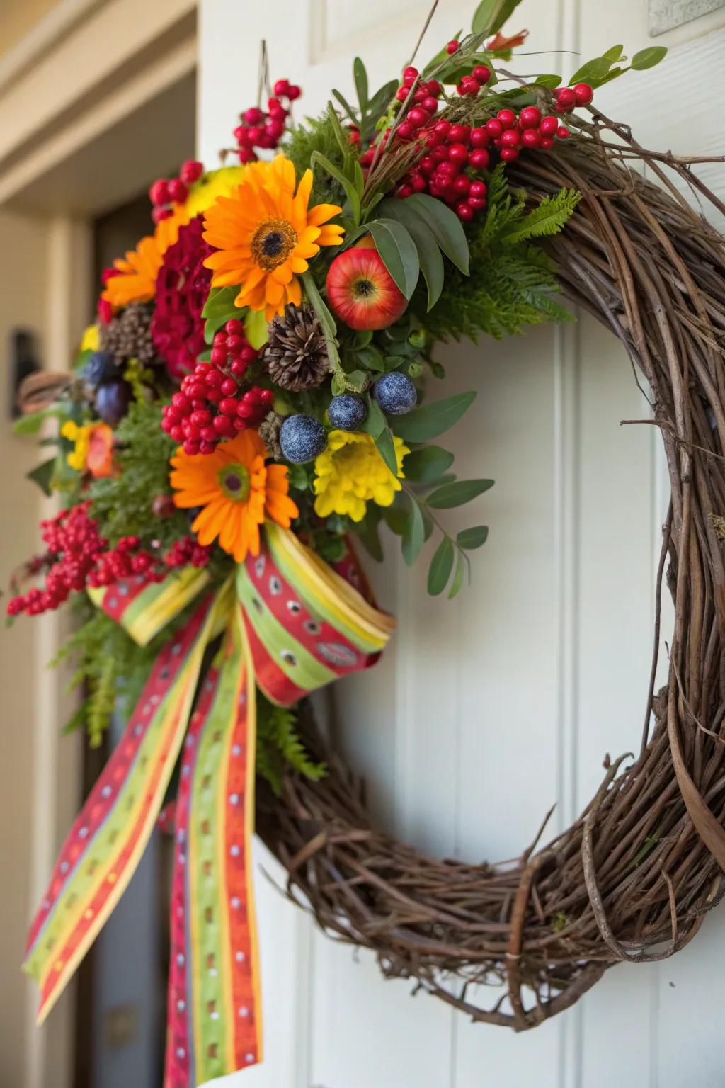 A festive-themed natural fiber wreath bursting with radiant colors.