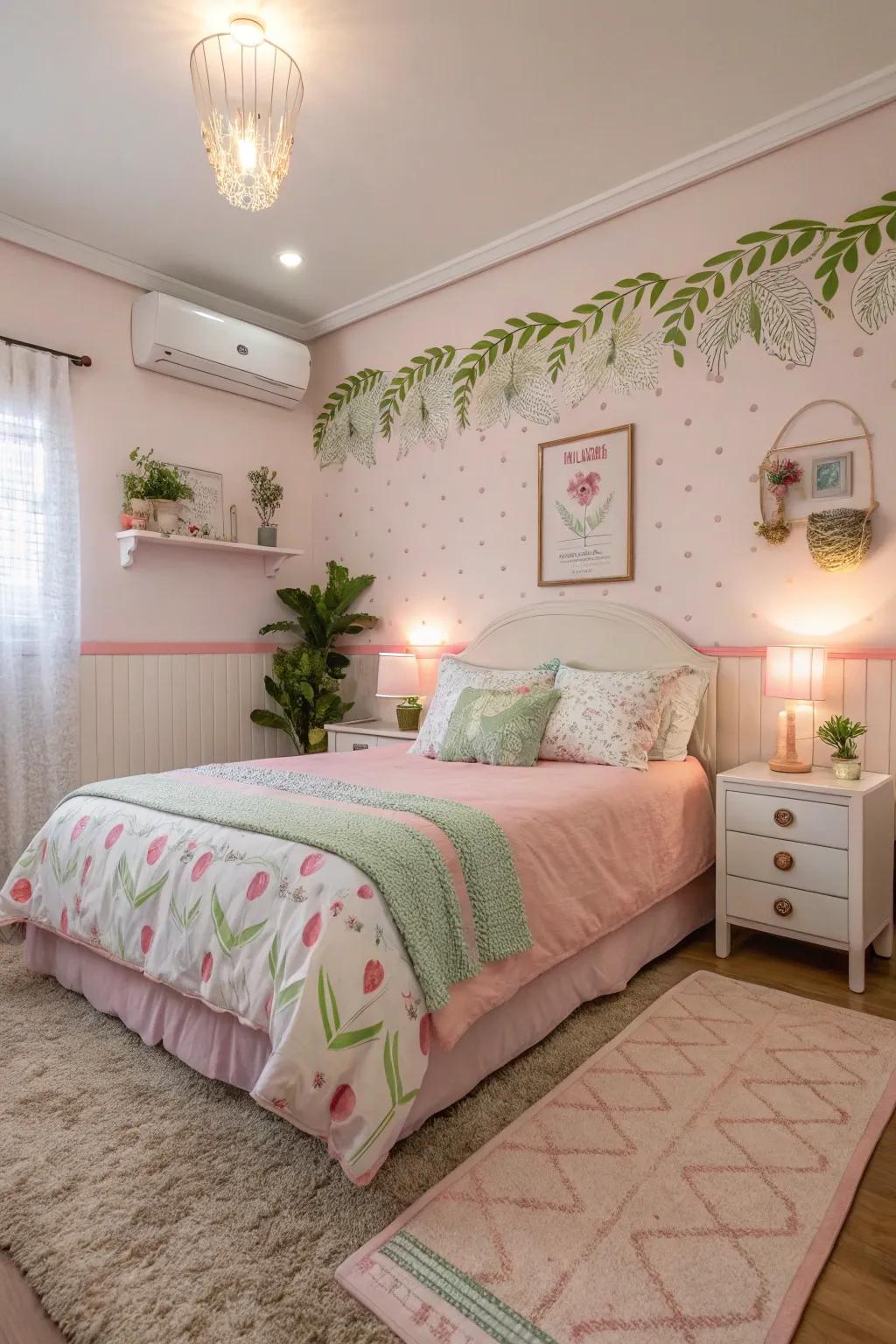 Playful tints in rosy and verdant fashion a serene and inviting space.