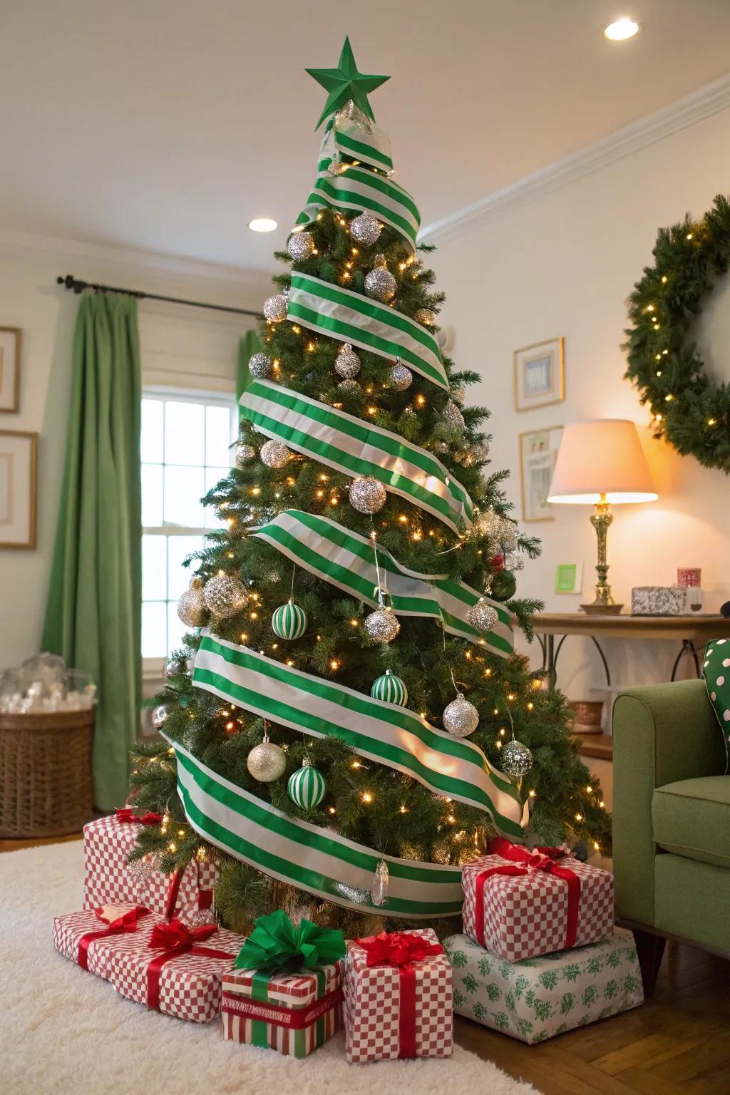 Playful stripes with green and white ribbons.