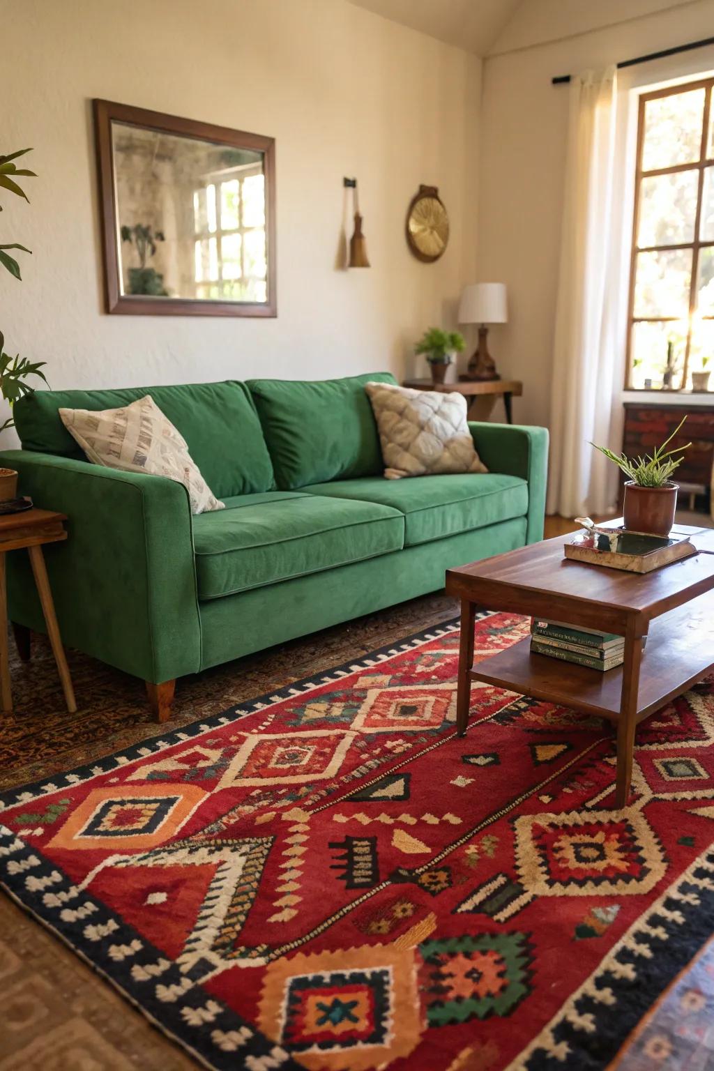 A statement ground cover can exquisitely stabilize an emerald sofa, elevating the room's cohesiveness.