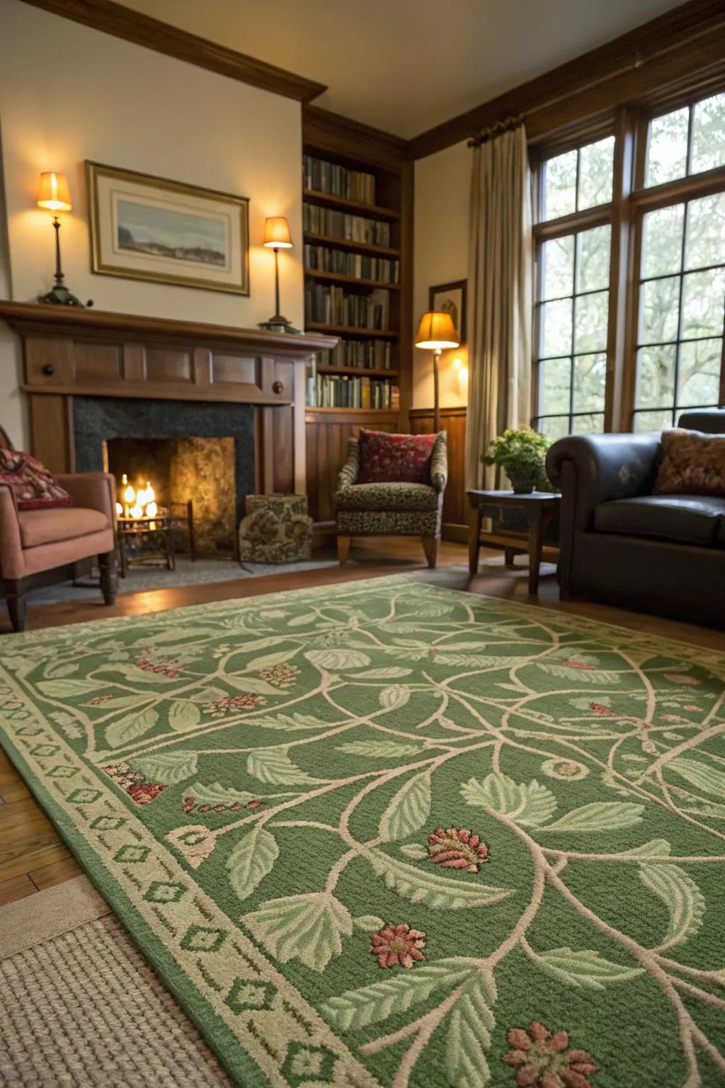 A green rug secures the room and adds warmth and texture.