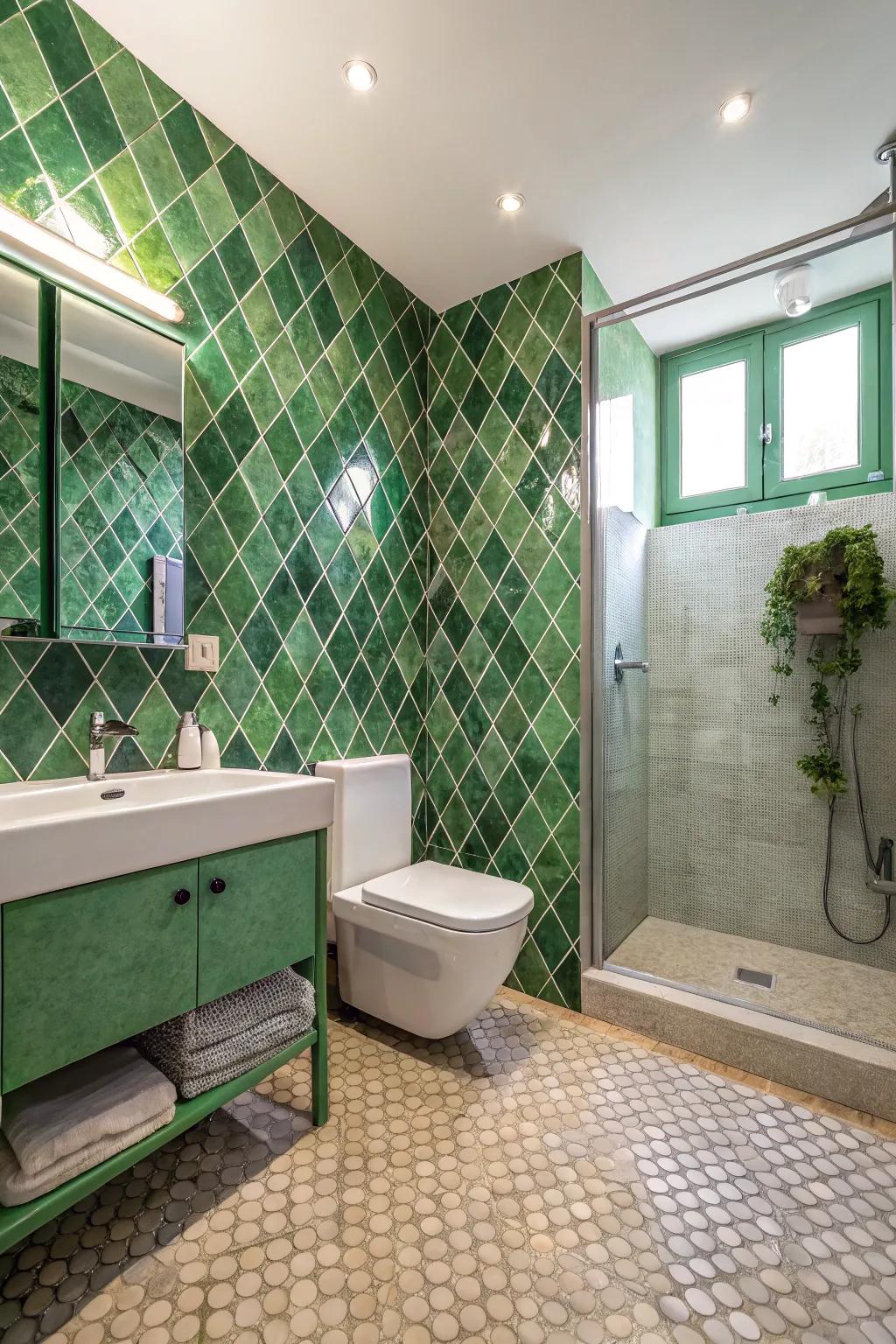 Dramatic flair is produced by <strong><em>diamond</em></strong> patterns in <strong><em>green</em></strong> tiles.” loading=”lazy” class=”pimg”>
	</picture><figcaption>Dramatic flair is produced by <strong><em>diamond</em></strong> patterns in <strong><em>green</em></strong> tiles.</figcaption></figure>
<p>Use <strong><em>diamond</em></strong>-patterned <strong><em>green</em></strong> tiles to create drama. This design will give any bathroom a distinctive personality and make it a focal point.</p>
<h3>May just do the trick:</h3>
<ul class=