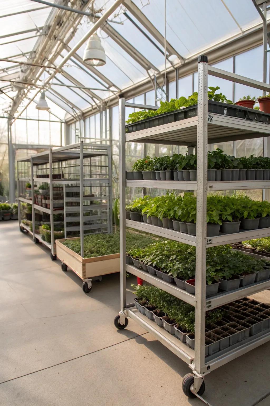 Mobile shelving on casters for easy reconfiguration.