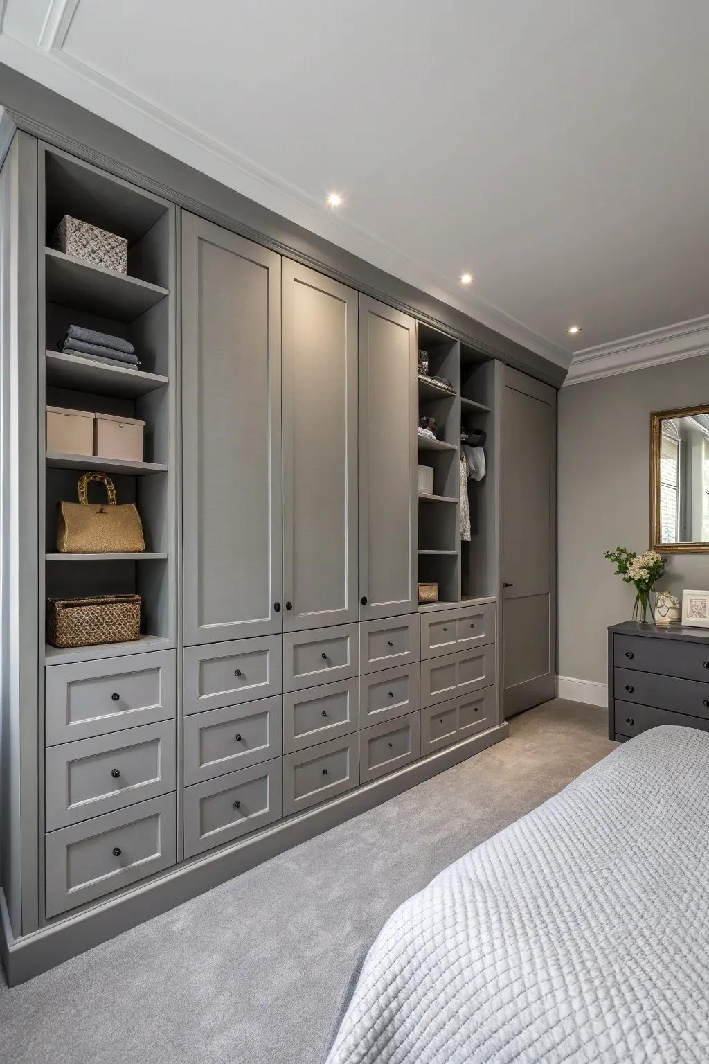 Grey built-ins offer stylish space solutions.