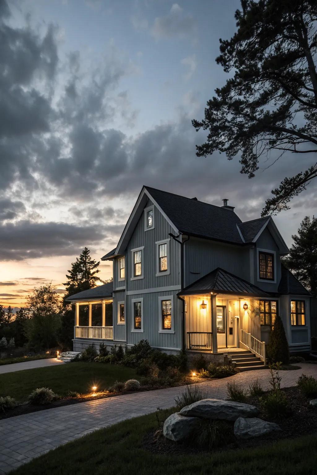 Striking lighting highlights a silver facade.