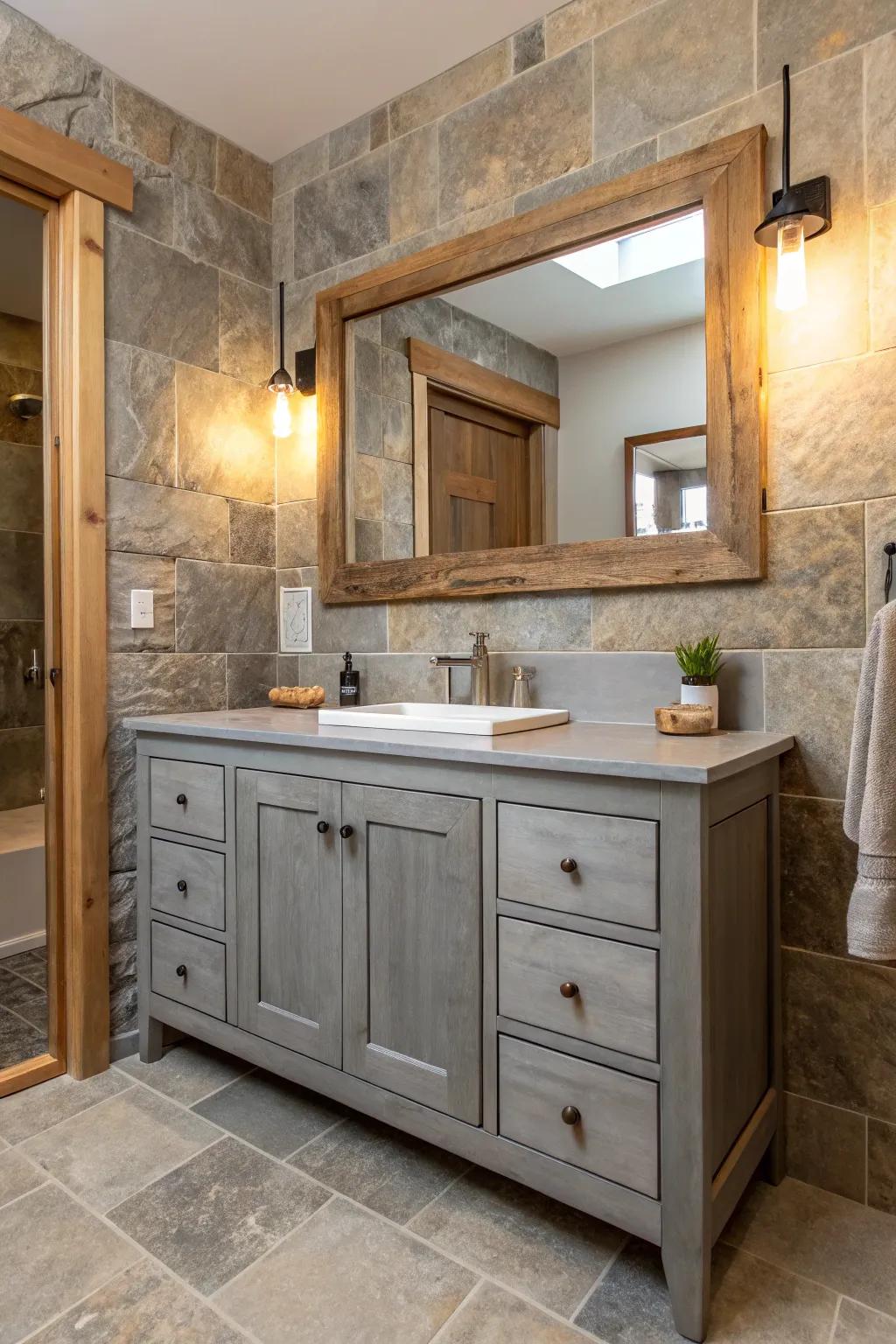 Natural components like wood and crushed rock append warmth to the charcoal washstand.