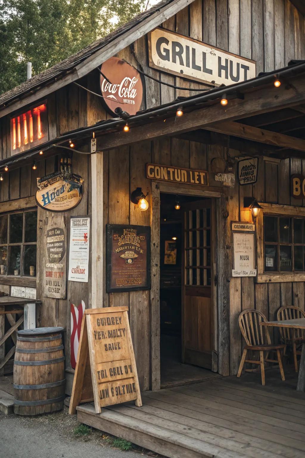 A barbecue shelter filled with vintage charm and retro decor.