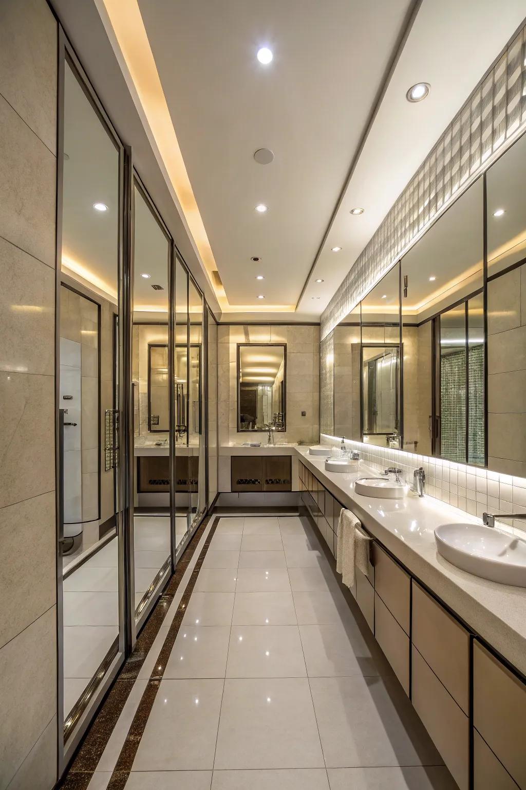 Mirrored walls create the illusion of a larger, more open space.