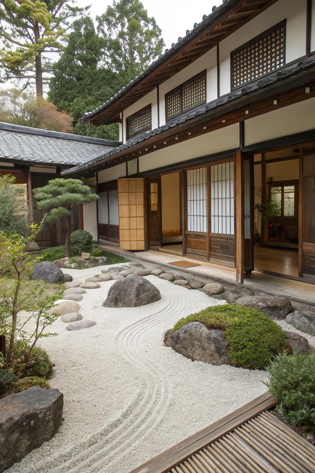 A guest house with a tranquil Zen garden, ideal for relaxation.