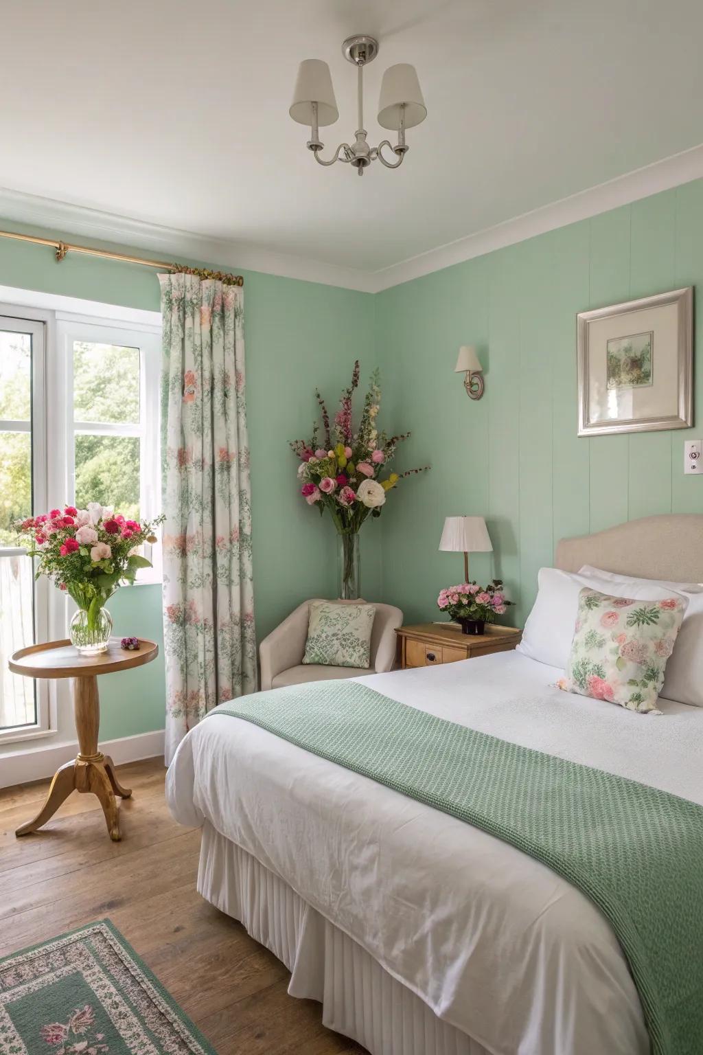 A guest room featuring soft mint green for a refreshing feel.