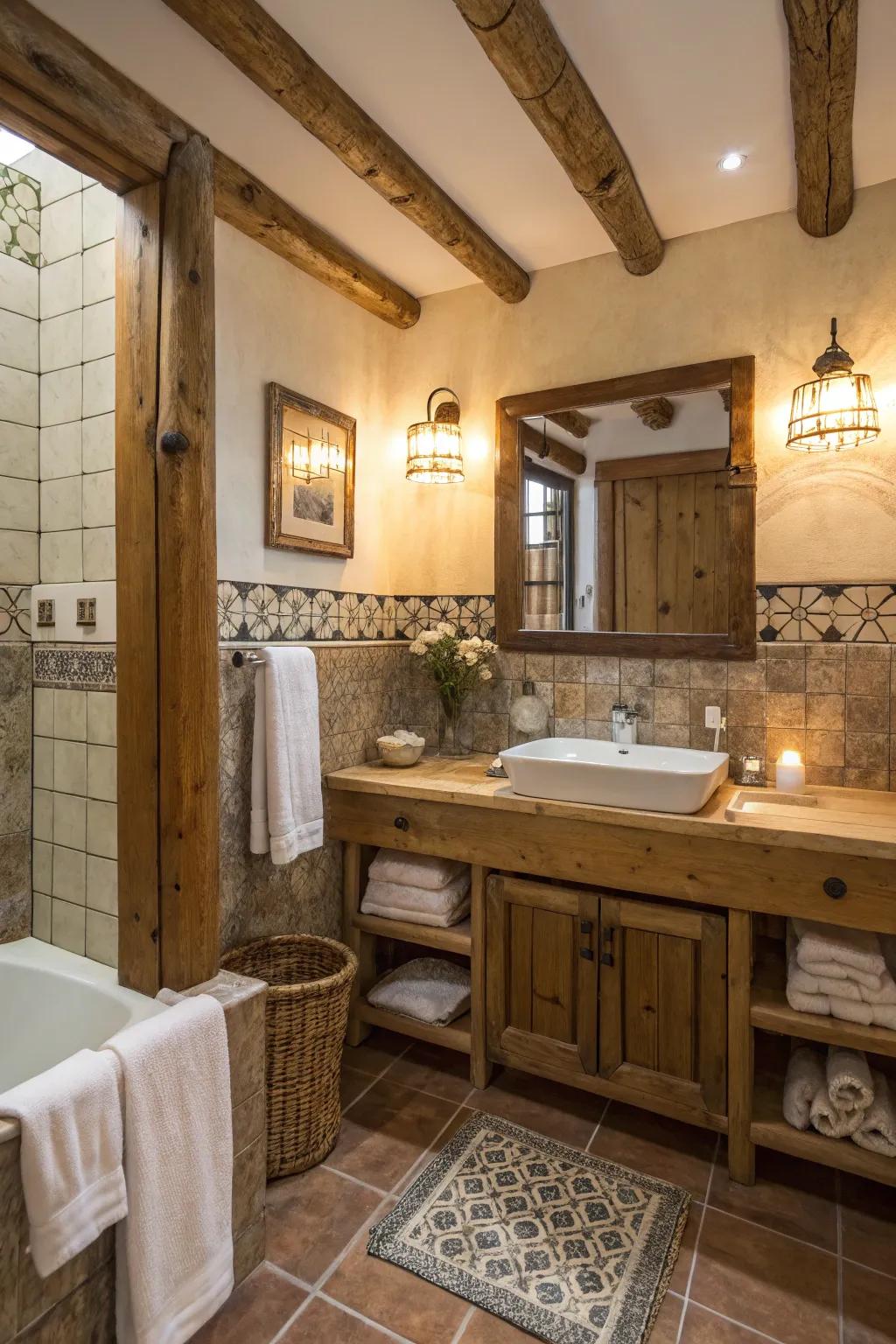 Rustic charm with tiles and wood elements.