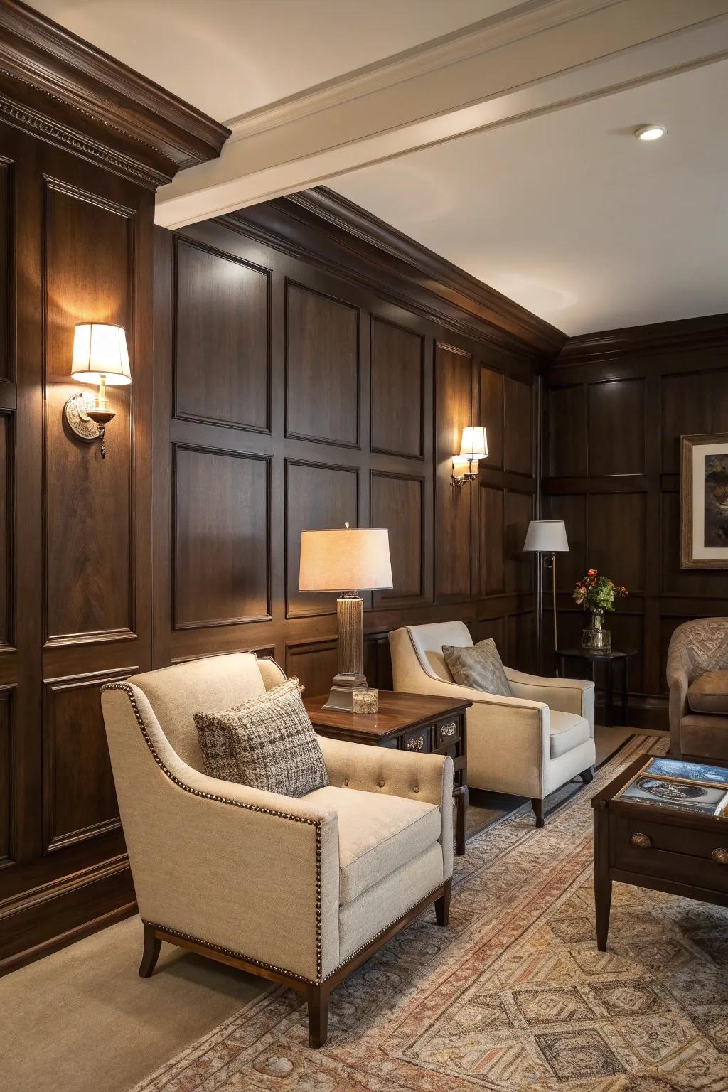 Craft drama utilizing dark wood paneling.