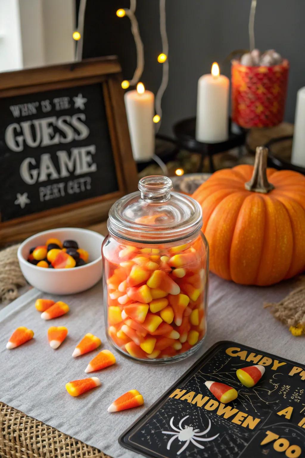 A candy corn guessing game brings sweet fun to guests.