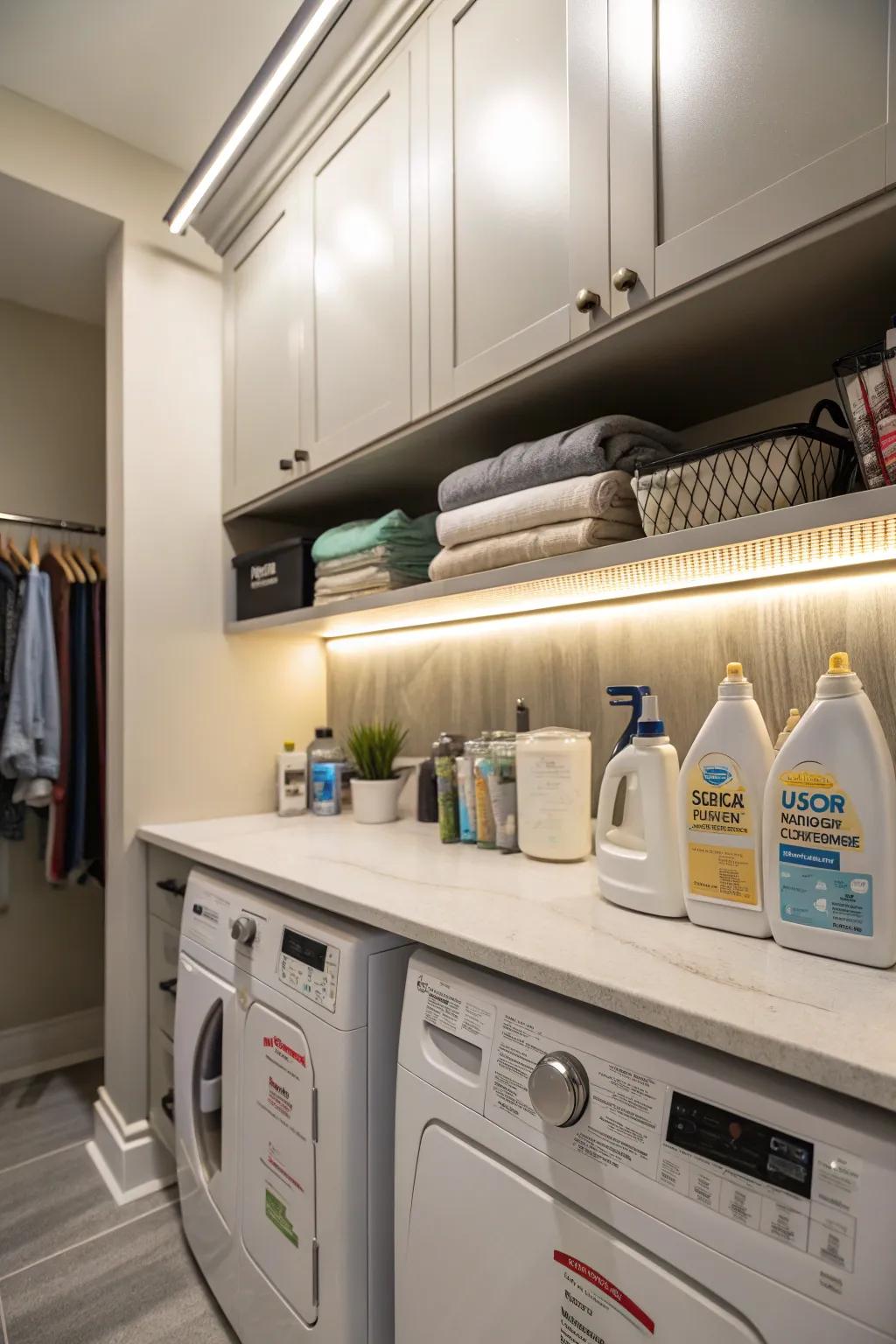 Under-cabinet lights enhance workspace visibility.