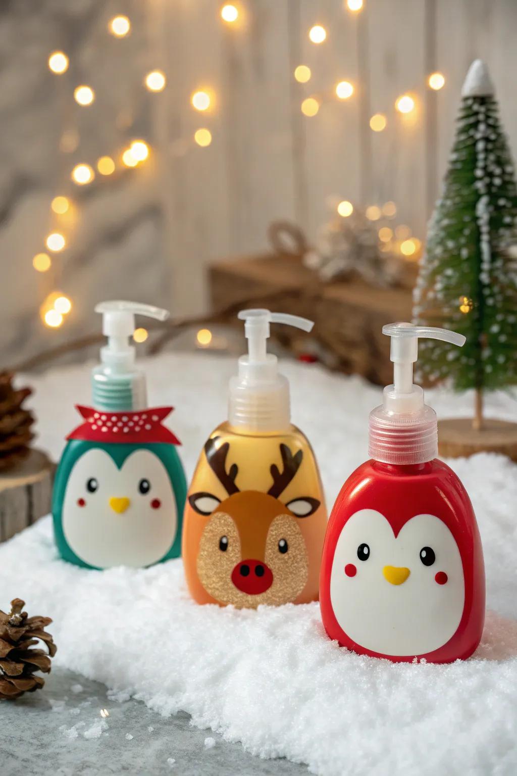 Whimsical animal-shaped hand soap flagons for Yuletide fun