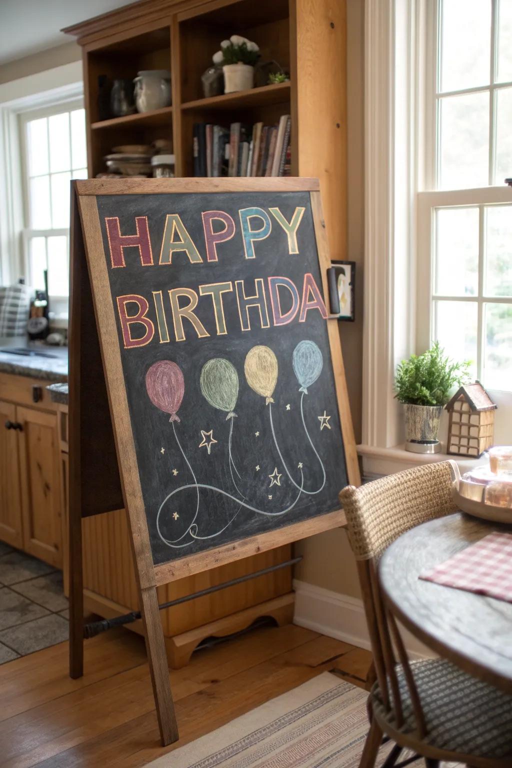 Chalkboard aesthetics infuse rustic charm into birthday displays.